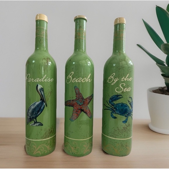 Chesapeake Bay‎ Hand Painted Wine Bottle Home Decor - 3 Set - Picture 1 of 8